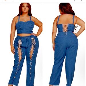 Denim Set Features A Bustier-Style Cropped Top And High Waist Pants